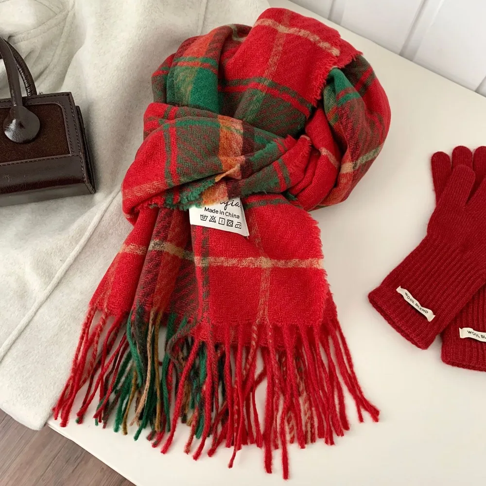 Warm Sweet Plaid Wool Scarf New Year Winter Knitted Scarves Solid Color Tassel Red Long Shawl Student