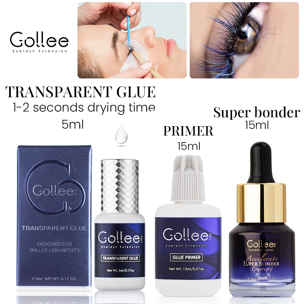 Gollee 1-2s Dry Transparent Glue for Eyelash Extension Strong 15ml Super Bonder No Stimulate Color Lash Adhesives Primer Makeup