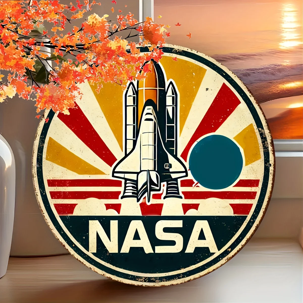 Sinal de alumínio redondo inspirado na NASA - arte de parede vintage para decoração de casa, bar, café e garagem |   Presente de feriado perfeito para amigos e fam