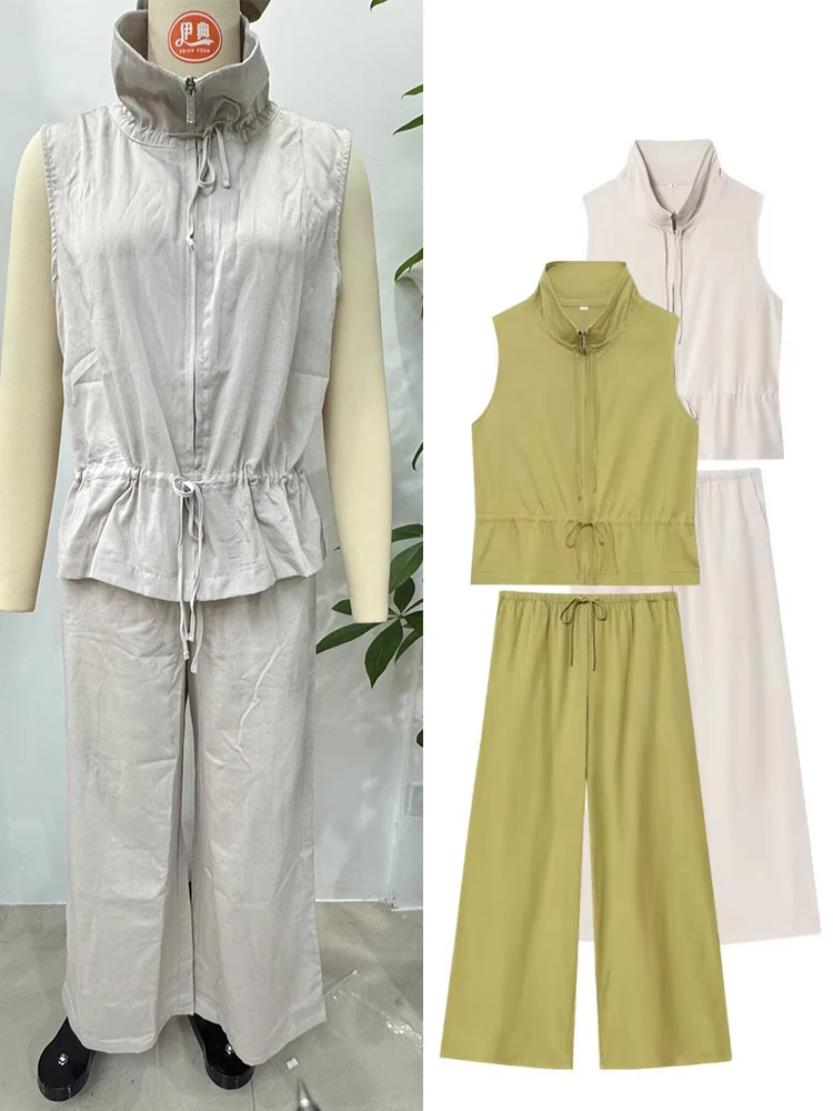 

HH Women Fashion Turtleneck Zipper Loose Sleeveless Lace Up Top Waistcoat+High Street Causal Drawstring Wide Leg Pants Suit