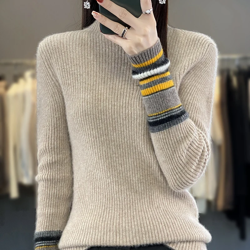 2023 Autumn/Winter Women's 100% Wool Sweater Knitted Pullovers High Elasticity Tops Lady's Grade Up Soft Warm Slim Fit Jumper