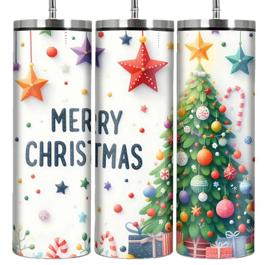 1Pc Christmas Water Bottle Straw Lid 20oz Large Capacity Stainless 3D Print Xmas Tree & Letter Coffee Mug Family Party Supplies