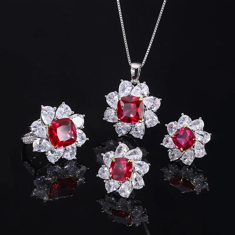 

Hot Selling BeadsSFull Body Jewelry Set Genuine Red Crystal Ring Earrings Pendant Three-Piece Set