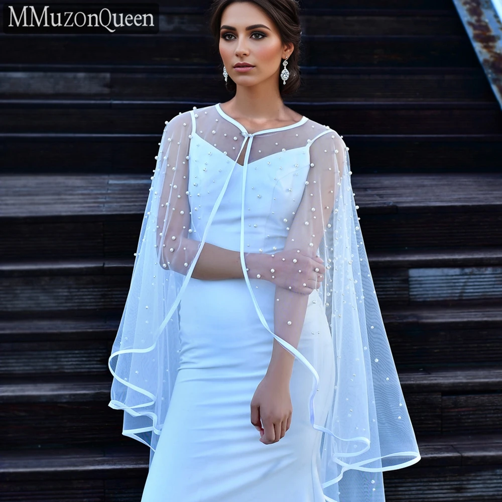 

MMQ MG14 Beaded Ribbon Edge Wedding Shawl Bridal Bolero Evening Cape Jacket For Women Pearl Coat Covers Shoulders DIY Customized