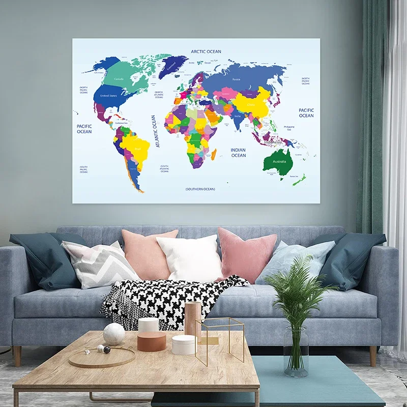 Mapa do mundo 100x70cm pintura parede não tecido lona arte cartaz moderno impressões decorativas sala escritório escola material de estudo