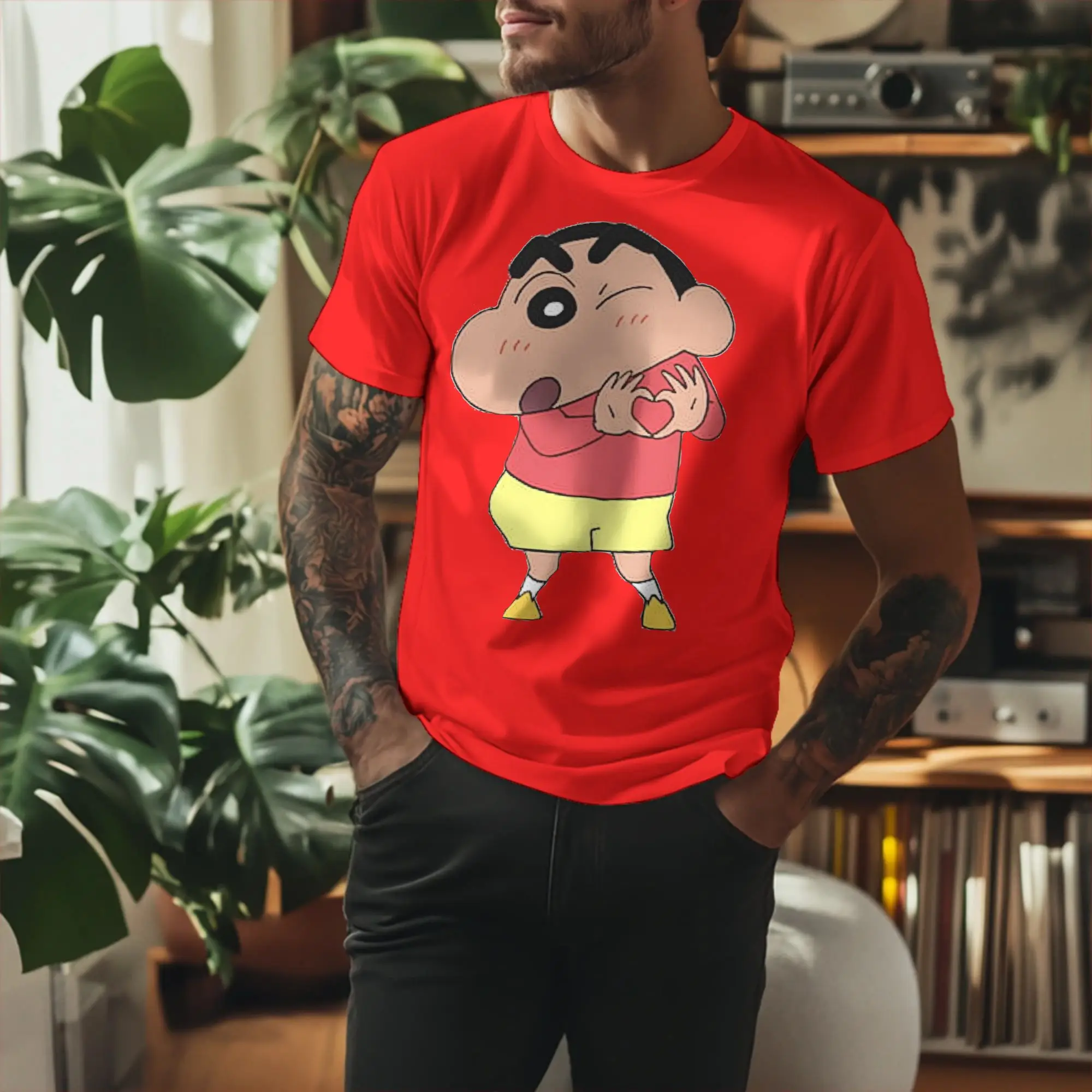Novelty Crayon Shin chan happy T-Shirt Men Cotton Short Sleeve  Crewneck Summer Tops