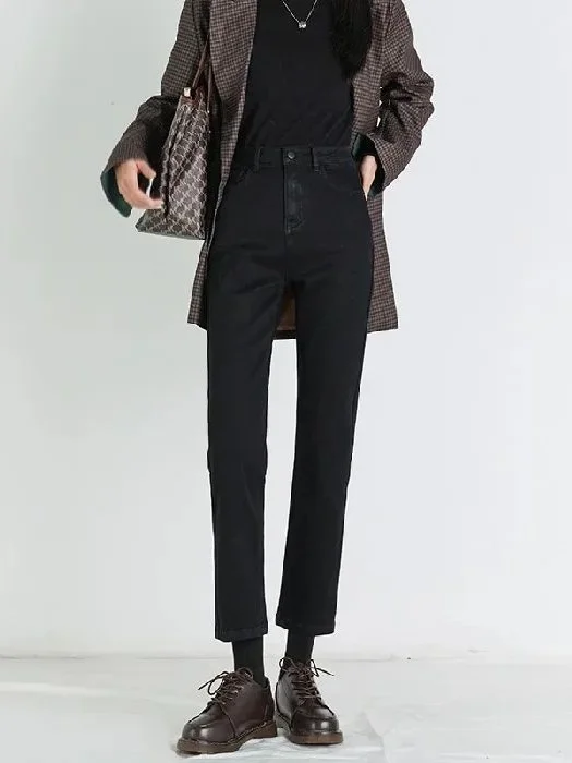 

Осенние женские джинсы 2024 года с высокой талией, прямого кроя, из ткани PU со средней эластичностью, для женщин среднего возраста