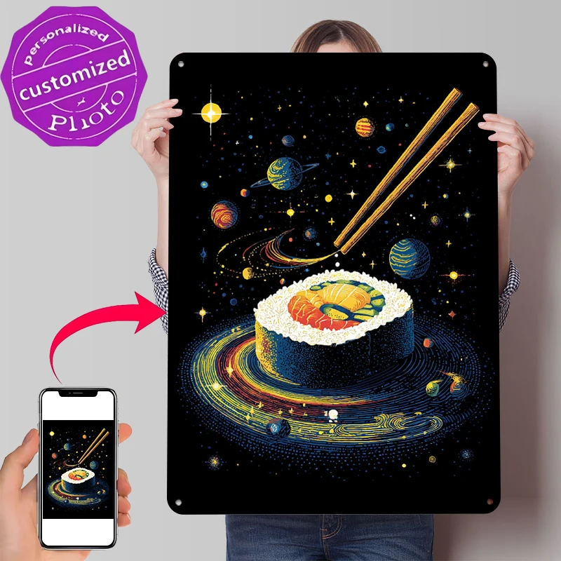 Sushi in Space Tinplate Poster Customized Wall Art Retro Vintage Metal Signs for Fans Decoration Living Room Decor Men Man Cave