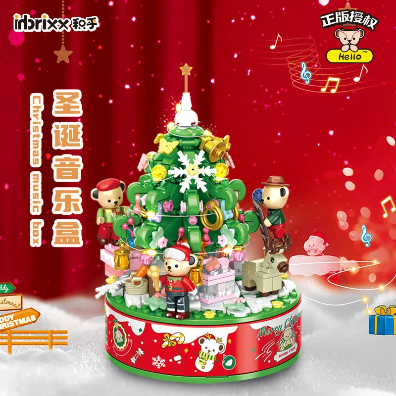 Kumamoto Bear Christmas Spin Music Box Building Blocks, Creative Christmas Tree Teddy Bear Assembly Model Toys, Gift Girlfriend