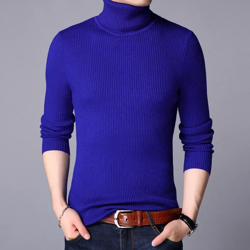 

2023 Men Brand High Neck Knitted Pullover Bottoming Shirt New Arrivals Male Fashion Casual Slim Solid Color Stretch Wool Sweater