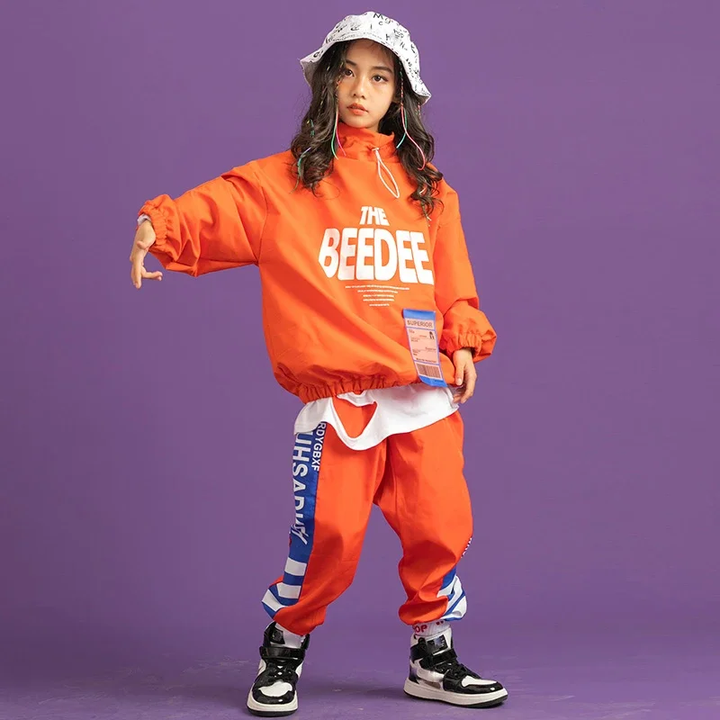 子供のヒップホップストリートダンス服、rave服、オレンジのジャケット、子供の衣装、ジャズスーツ、ヒップホップコスチューム、女の子