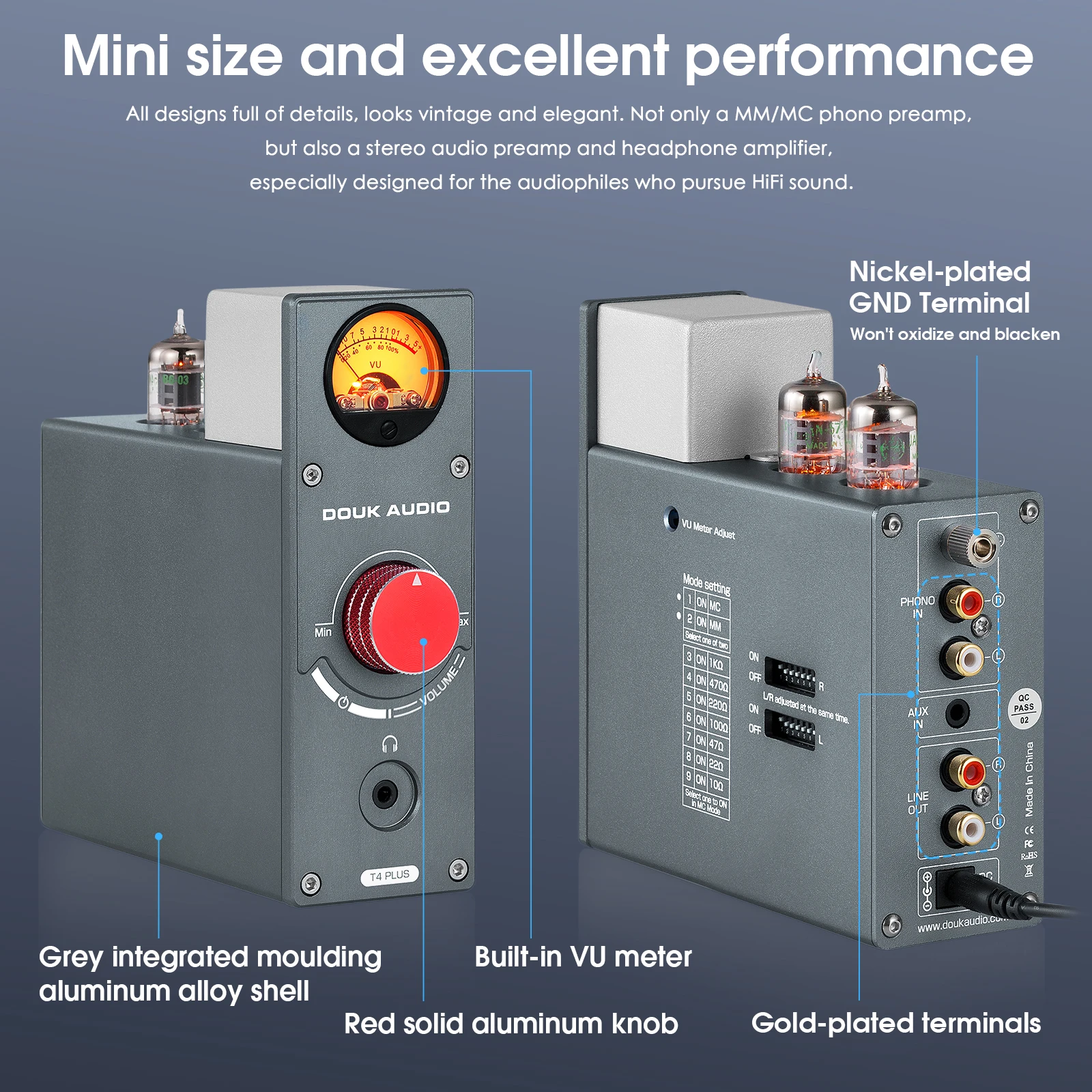 Douk Audio JAN5725 Tabung Vakum Phono Preamp untuk MM/MC Turntable Home Stereo Audio Preamp Headphone Amplifier dengan VU Meter