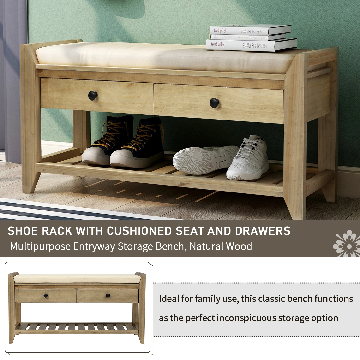 Entryway Storage Bench Solid Wood Storage Bench With Open Shoe Rack 2 Drawers Multipurpose Shoe Bench With Padded Cushion