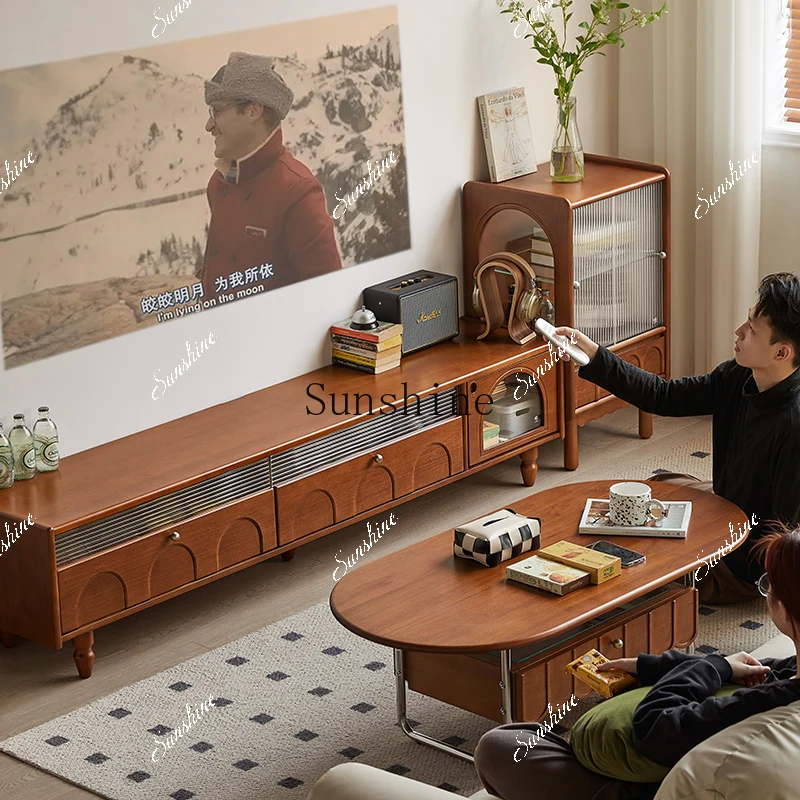 French solid wood TV cabinet retro coffee table storage living room combination small apartment  FT