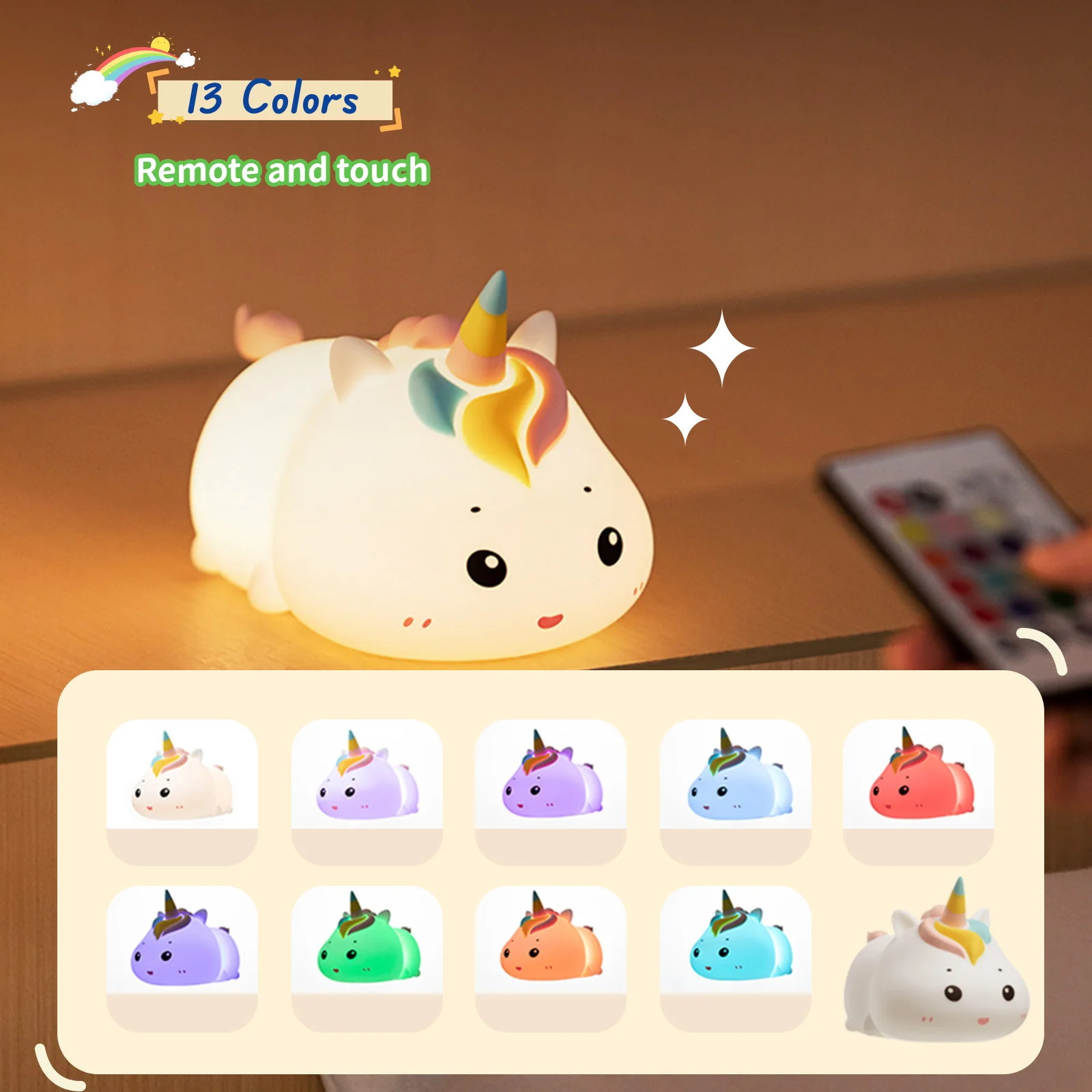 Rechargeable Cute Silicone LED Night Light With Remote Control USB Unicorn Cartoon Animal Bedroom Decor Touch Night Lamp Gifts