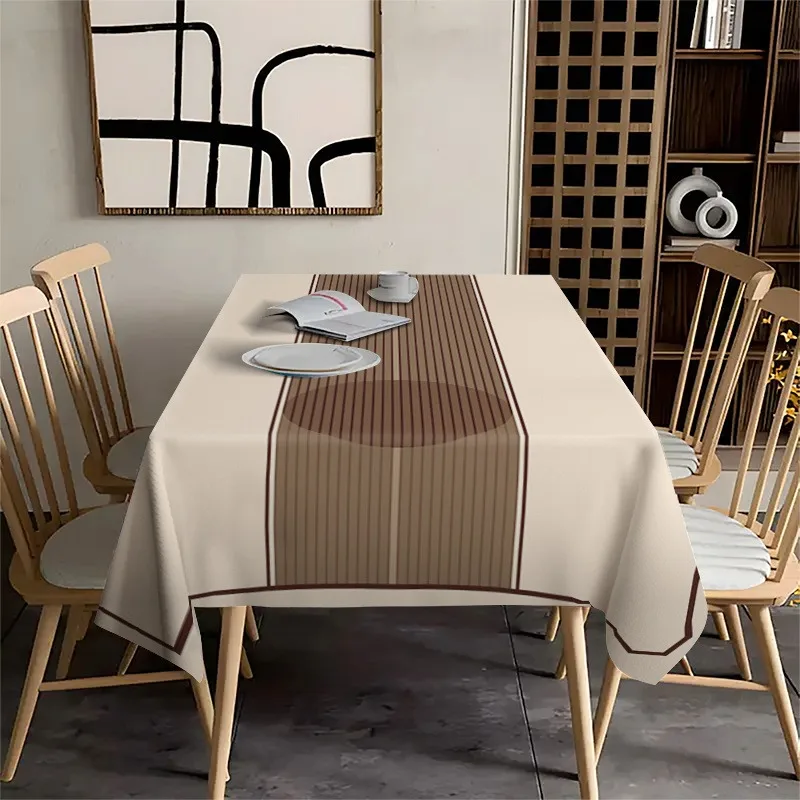 A 2D printed tablecloth, one piece, features a simple design with a beige base fabric and brown stripes.