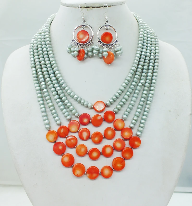 Very classic. Grey pearls. coral. 5 layers, necklaces / earrings. African Bridal Wedding Necklace Jewelry Set