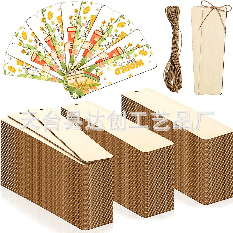 

American rural rectangular wood chip wood tag wooden bookmark DIY with hole pendant work in progress, a pack with hemp rope
