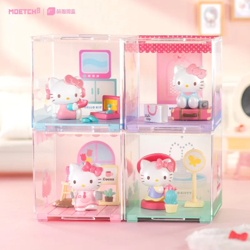 Hello Kitty Immersive Cottage Blind Box Four-Grid Transparent Storage Set Girlish Heart Bedroom Desktop Decoration Ornament