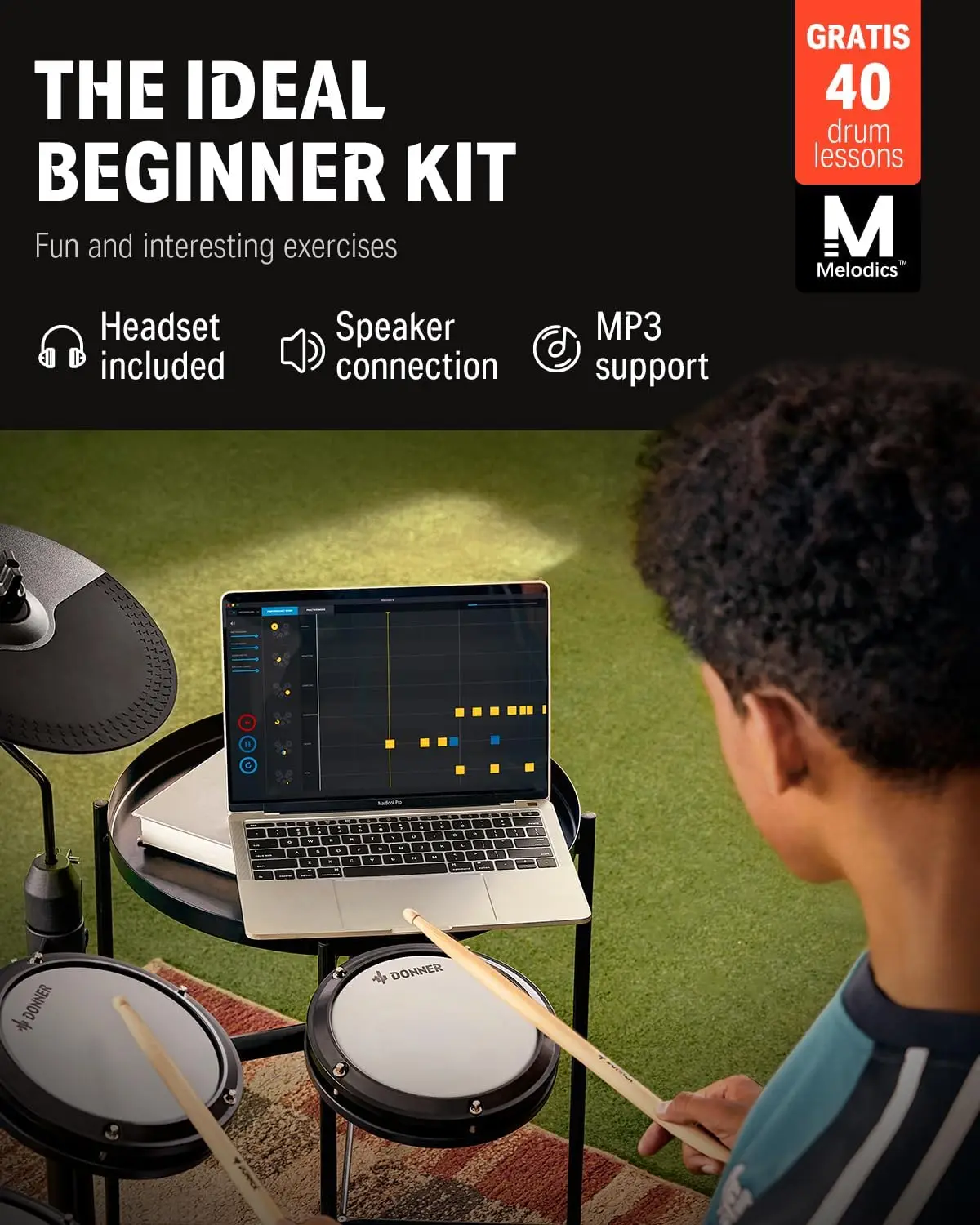 DED-80 Electronic Drum Set with 4 Quiet Mesh Pads, 180+ Sounds, 2 Pedals, Throne, Headphones, Sticks, and Melodics Lessons