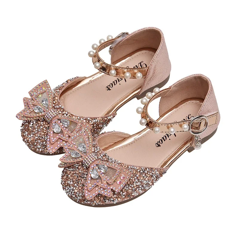 2024 Fashion Children Sandals Bow Rhinestone Girls Princess Leather Shoes Kids Summer Elegant Party Dance Sandals