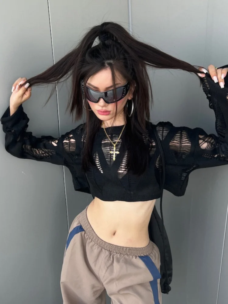 

Deeptown Sexy Streetwear Crop Black T Shirts Women Y2k Hollow Knitted Cropped Mesh Top Female Goth 2000s Shirts Kpop Chic Tees