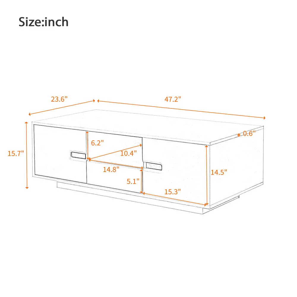 High Glossy Rectangle Coffee Table,Stylish Center Table，Storage Space,Accent Furniture with 16 Color LED Lights for LivingRoom