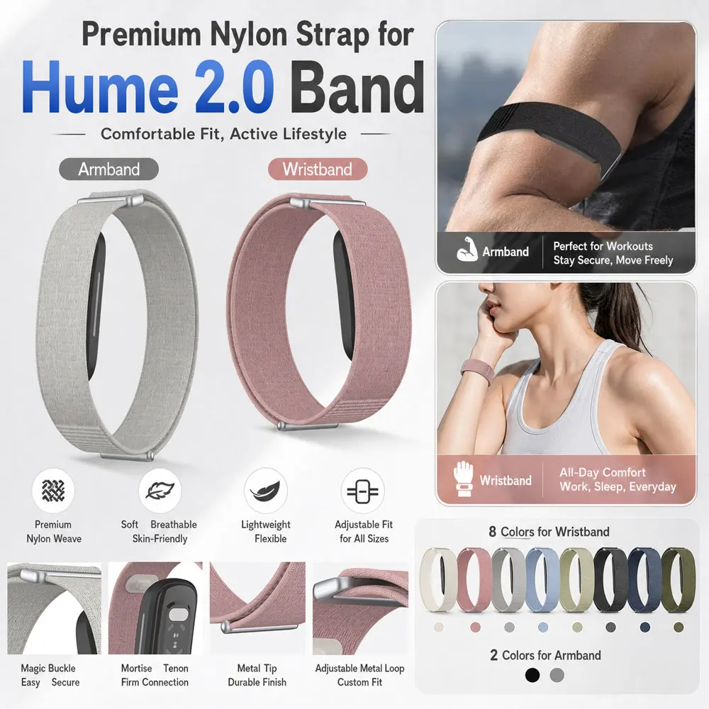 Nylon Arm/Wristband Sport Watch Strap for Hume 2.0 Band Durable Breathable Adjustable Replacement for Hume 2.0 Band Wear All Day
