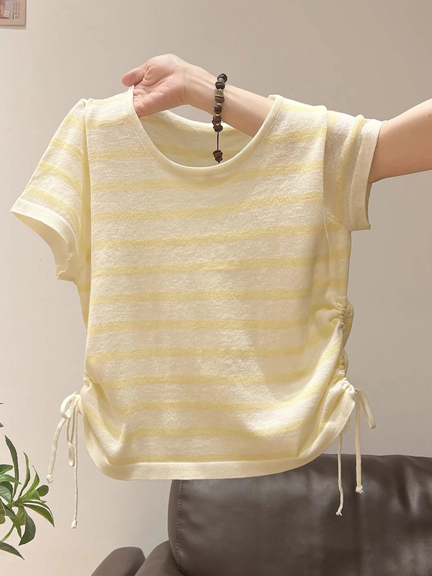 Minceur côté Dstring taille ort Sve rond Ne haut tricoté couleur Blo été Faionable Base irt femmes Sle