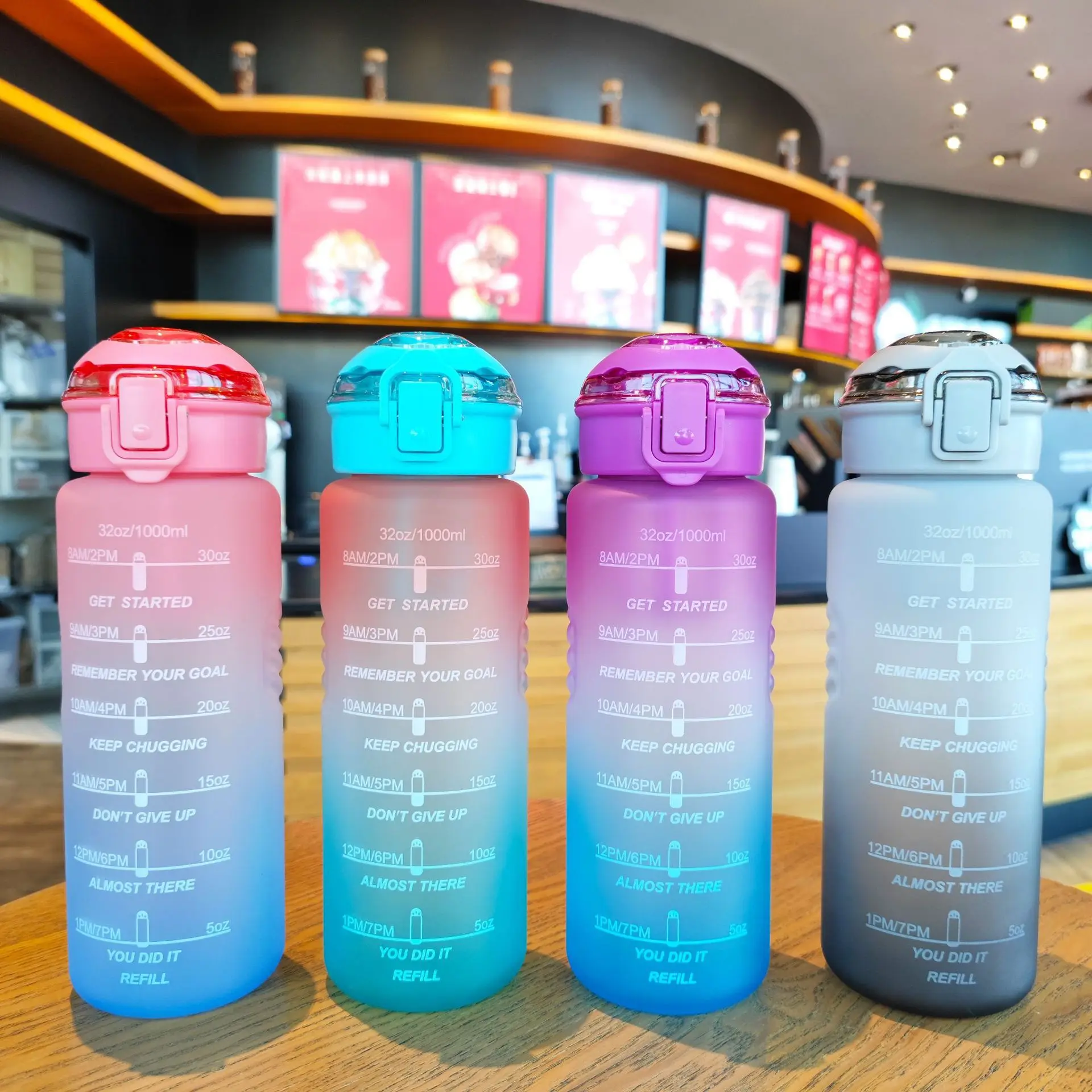 YCALLEY Sports Water Bottle 1000ML Bounce Silicone Straw, Timestamp Trigger 1L Sports/Outdoor/Home/Office/Water Bottles