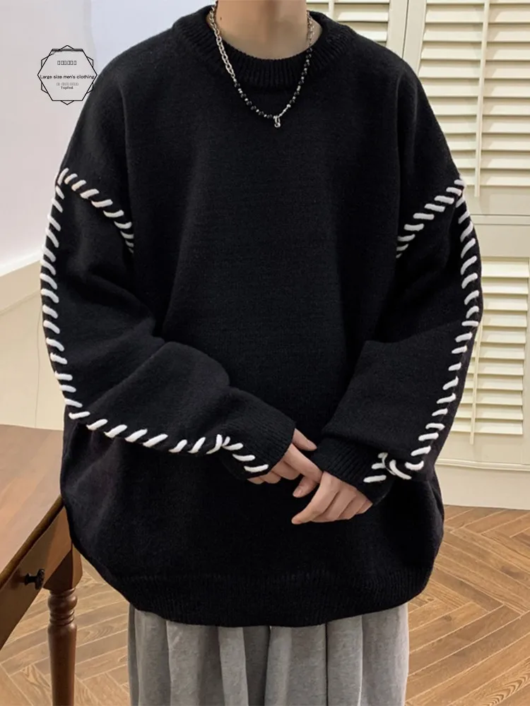 

Men's Bla Knitted Sweater round Ne Irregular Design Spring Autumn Versatile Lazy Sle High-End Feelings Casual Outerwear