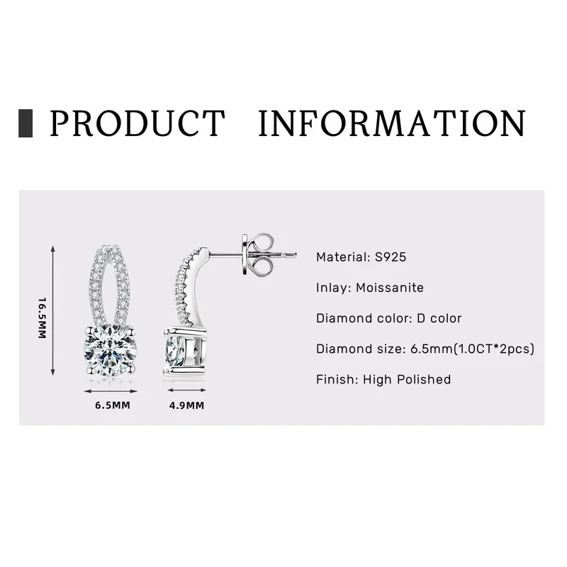 IOGOU D VVS1 Round Real 1.0CT Moissanite Diamond Drop Earrings for Women 100% Silver 925 Hanging Earring Wedding Jewelry Gift