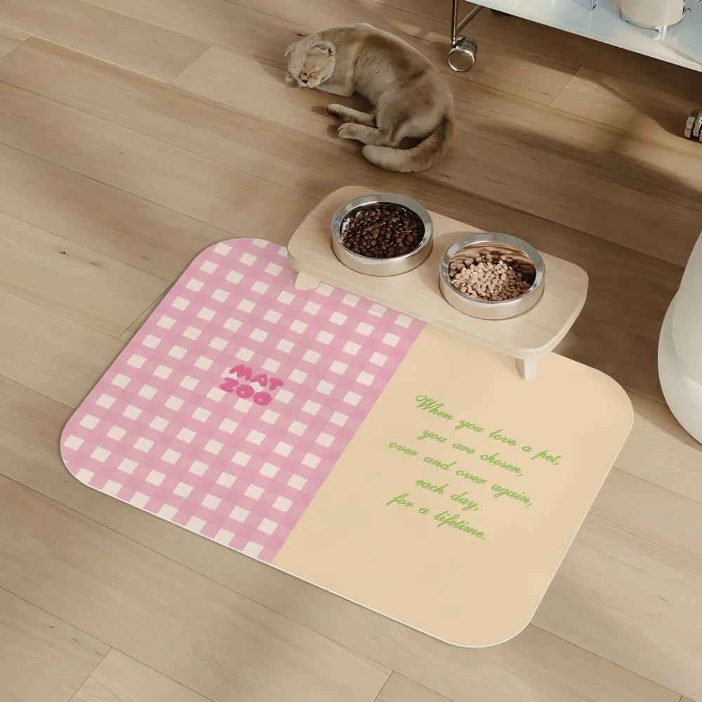 VIKAMA Korean-style Checkered Water-absorbing and Anti-slip Cat and Dog Bowl Mat, Pet Food MATS, Easy to Clean, Splash-proof