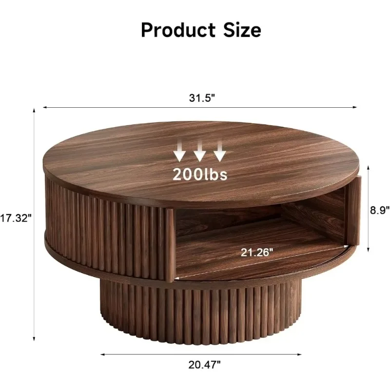 D1431.5" Round Storage Coffee Table, Fluted Design For Mid Century Modern Living Rooms