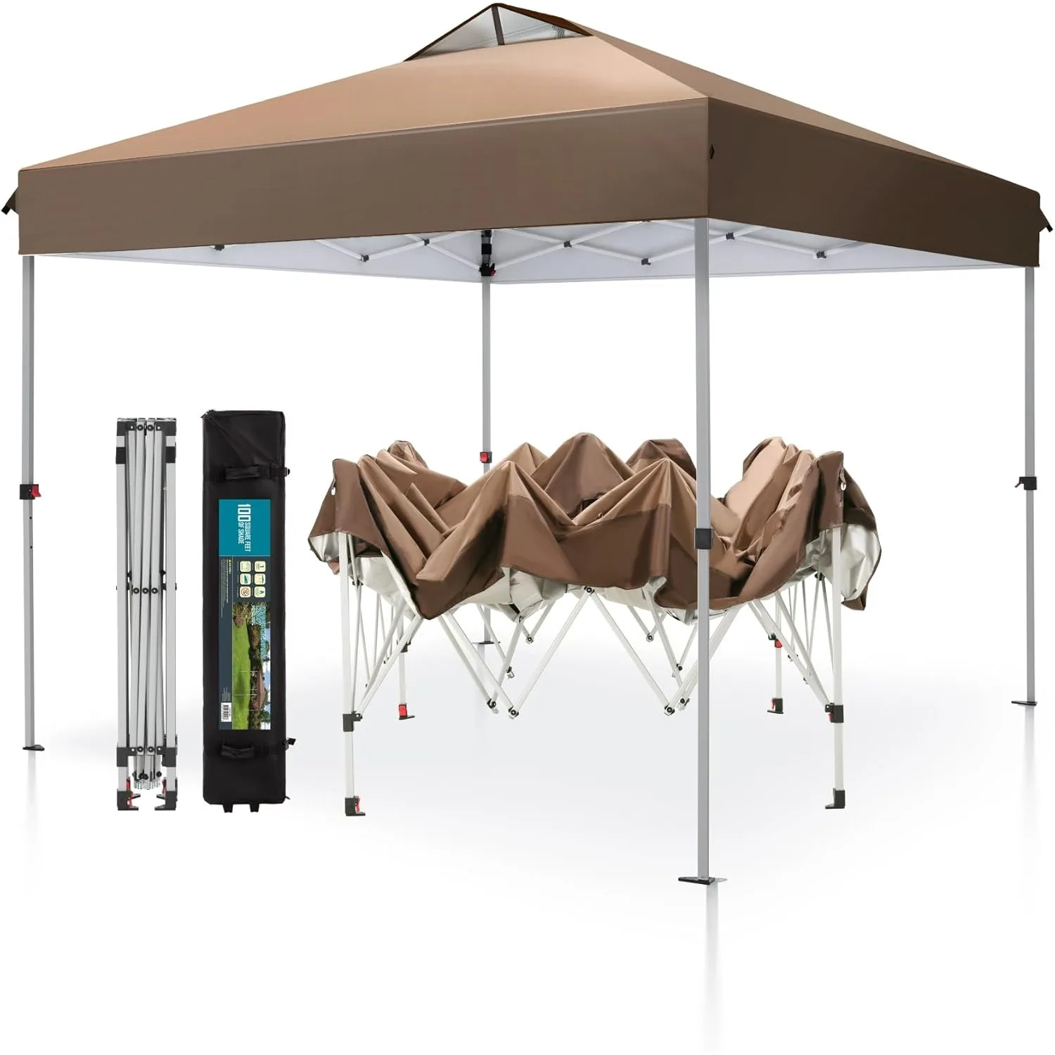 

Pop Up Canopy 10 10 Tents for Parties with Wheeled Bag, Portable Lightweight Folding w/Adjustable Height,Dark & Light Brown