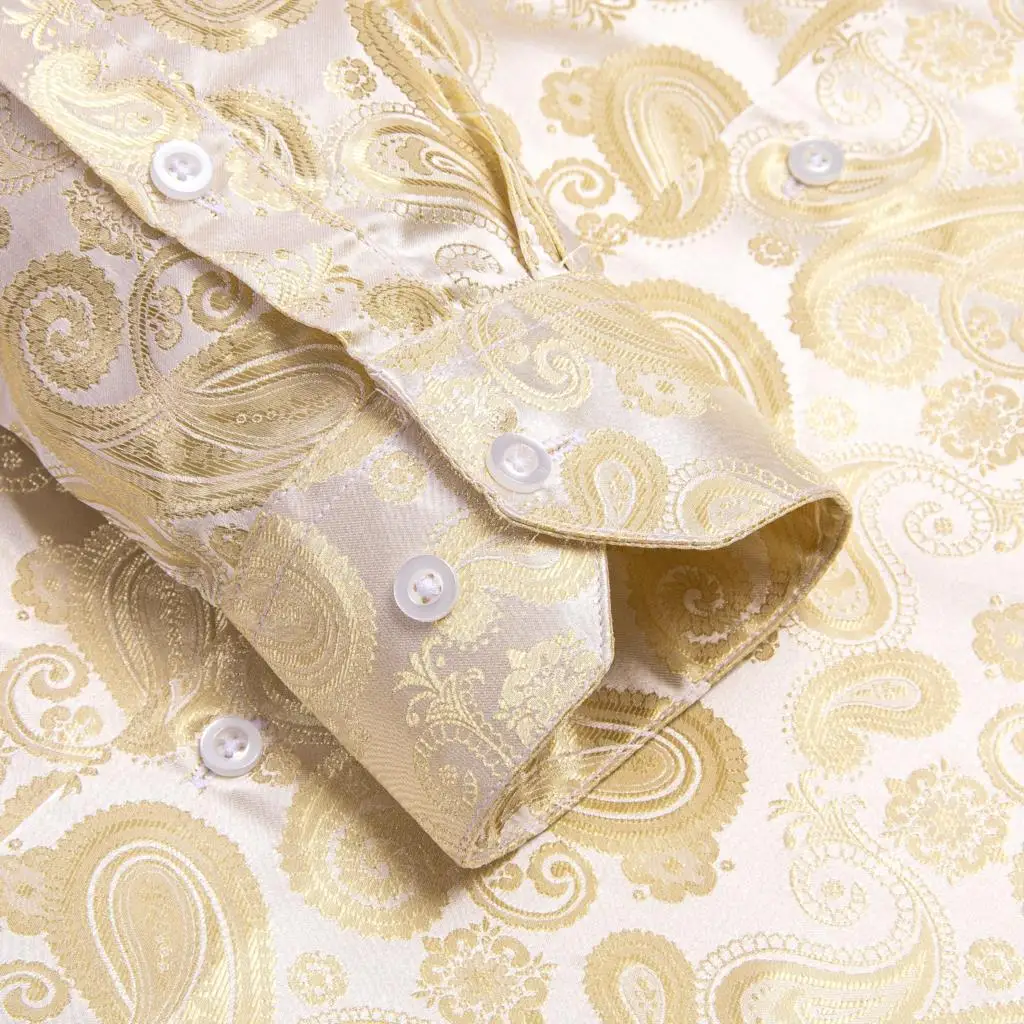 Hi-Tie Gold Beige Ivory Champagne Silk Mens Shirts Lapel Long Sleeve Dress  Shirt Jacquard Blouse for Male Wedding Business Prom - AliExpress 200000343