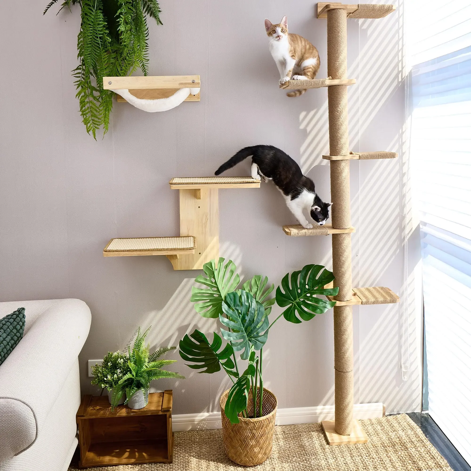 Tall Cat Tree 5 Tier Floor to Ceiling  Tower Wall-Mounted Cat Scratching Post Shelves Suitable for Kittens Cats ClimbScratch