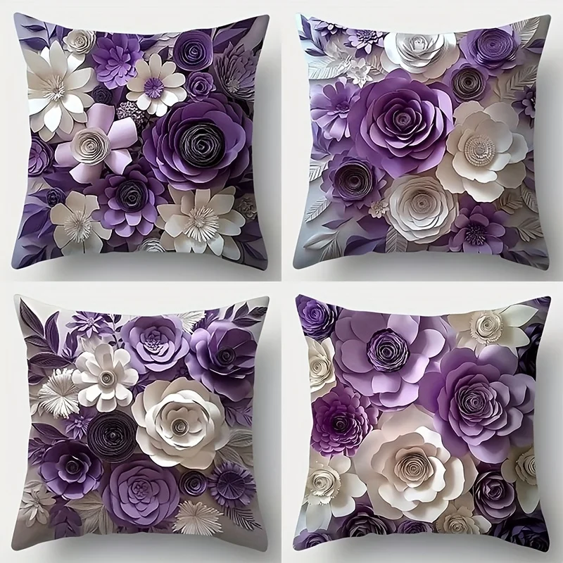4pcs Modern Purple 3D Floral Pillow Covers – Elegant Lavender & Violet Design for Sofa, Bed & Chair (Inserts Not Included)
