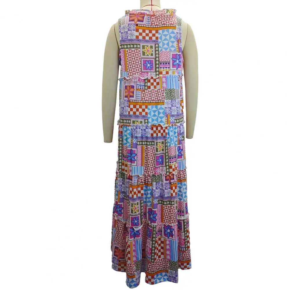 

Printed Maxi Dress Bohemian Maxi Dress with Flower Print A-line Shirring for Women Summer Soft Round Neck Patchwork Printed Long