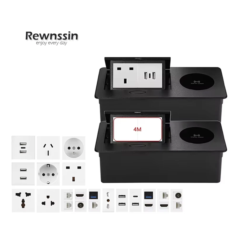 Conference Pop-up Hidden Table Socket DIY Free Combination UK FR EU Desktop Socket With Wireless Charger USB Type-C Port RJ45