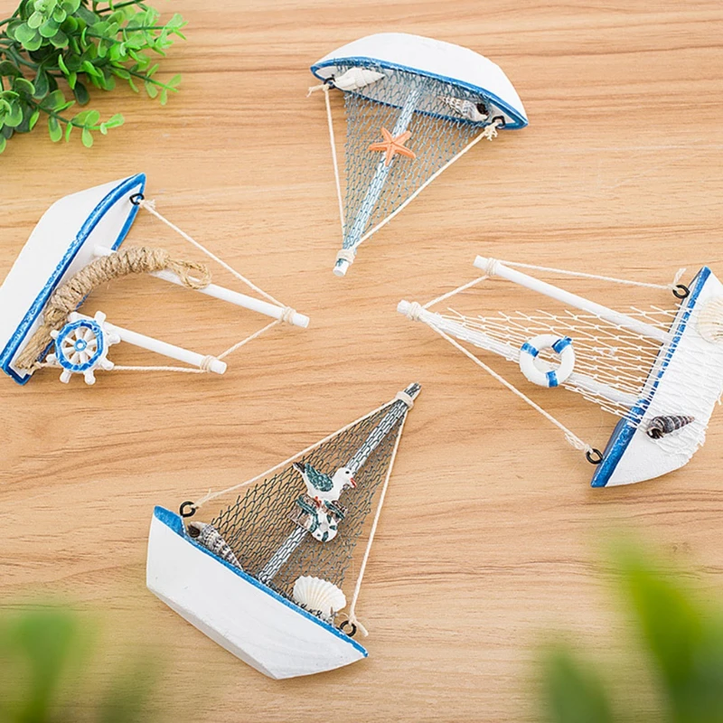 1Pc Mini Mediterranean Style Marine Nautical Wooden Blue Sailing Boat Ship Wood Crafts Ornaments Party Room Home Decoration