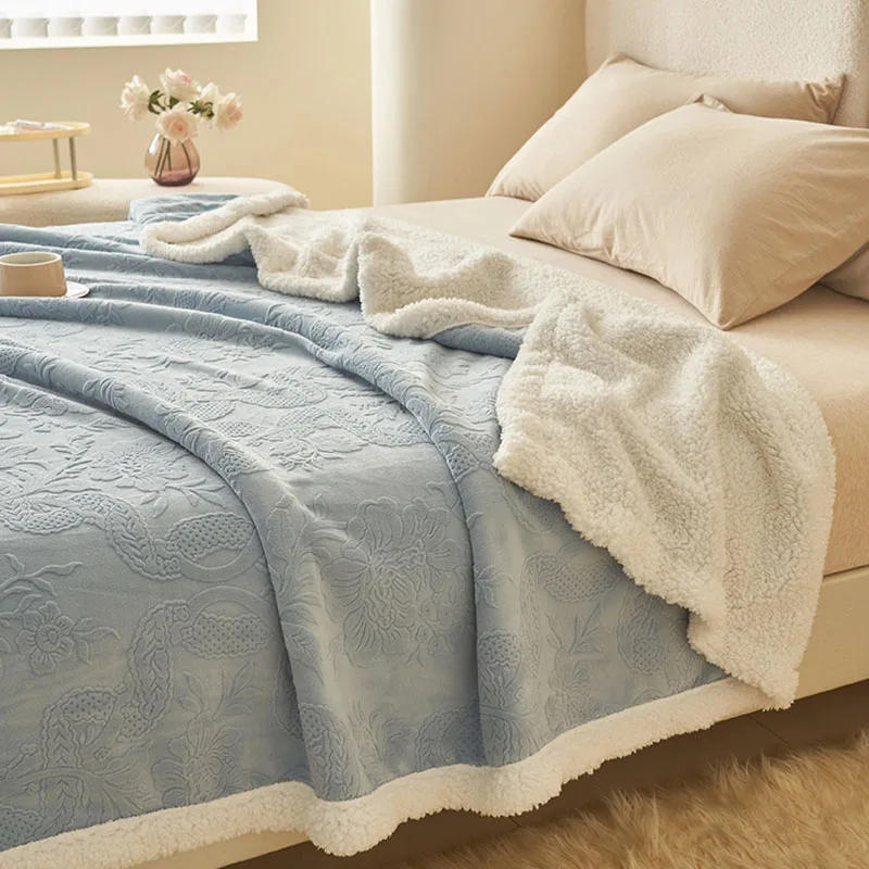 

European 3D Carved Milk Velvet Winter Blanket Thickened Lamb Wool Blanket for Living Room Sofa Soft Warm Nap Quilt for Office