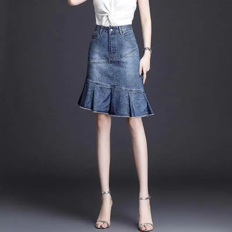 Woman Denim Skirt Midi Jeans Skirts For Women Chubby Ruffle A Line Korean Style Offer Aesthetic Hot V High Quality Cheap Fashion