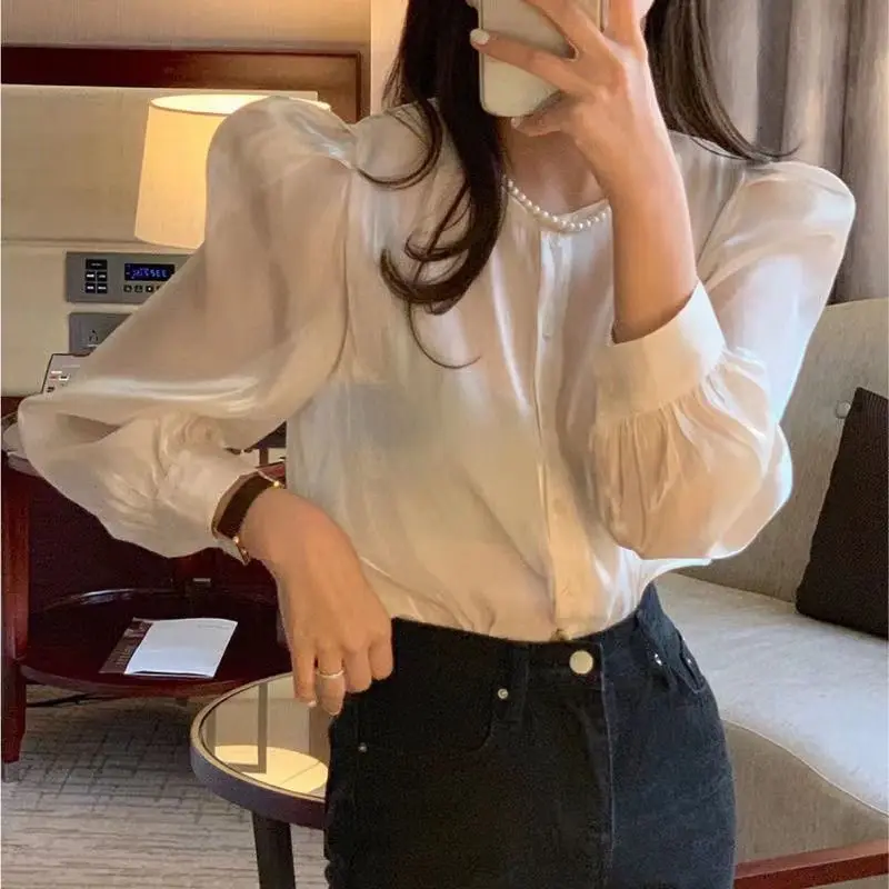 Women\'s Vintage Fashion Luxury Design Button Up Shirt Elegant Chic Puff Long Sleeve Blouse Casual Solid Loose Tops Blusas Mujer