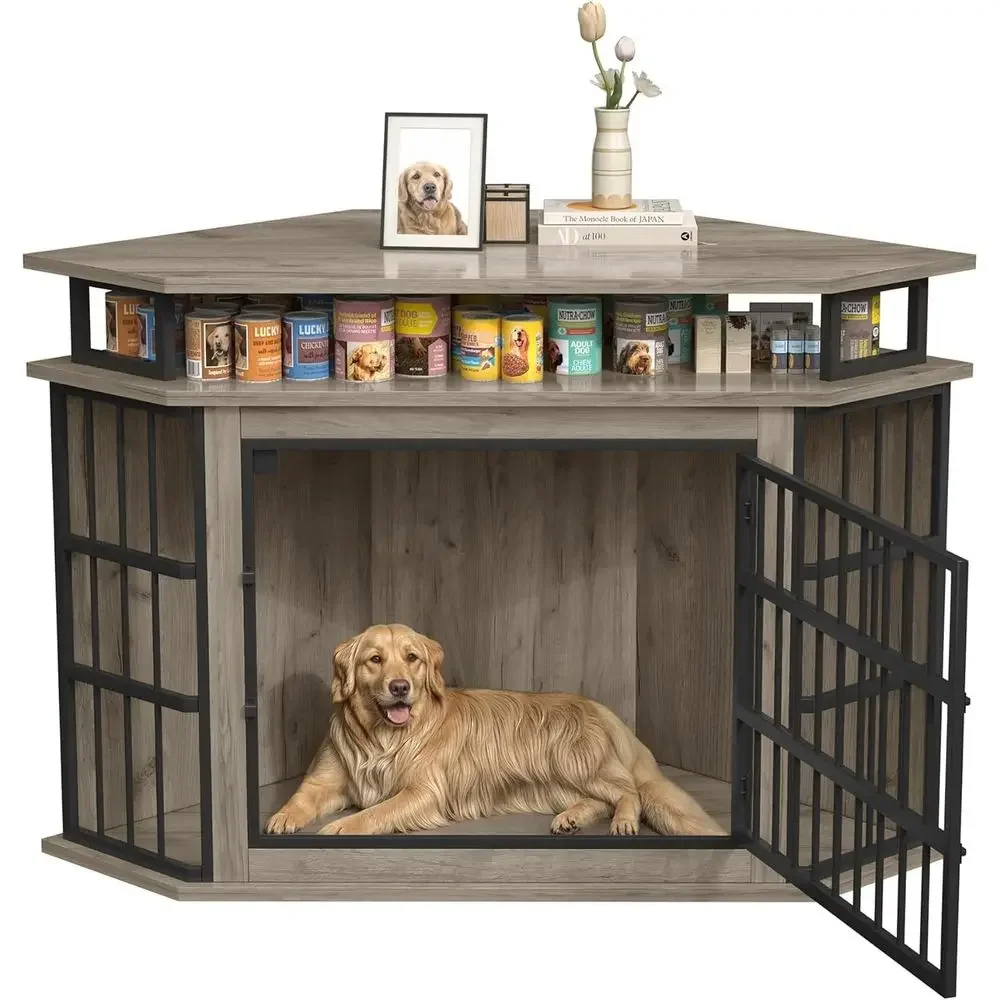 Large 51 Wooden Indoor Dog Kennel with 2-Tier Shelves & Decorative Pet House