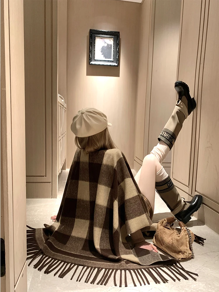 

i Girl Sle Woolen Plaid awl Coat Women's Autumn Winter Outerwear Cowl Ne Midi Length Coat Briti Sle