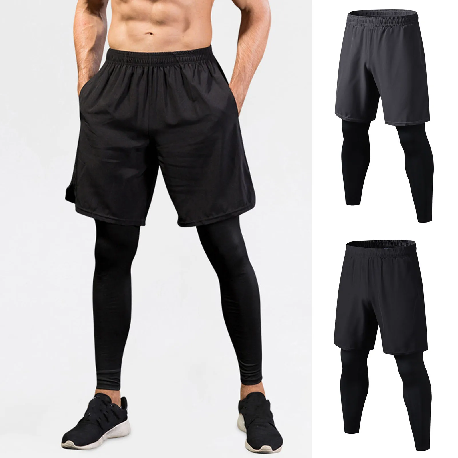 Men Fake Two-piece Pants  Sport Pants Running Pants Fitness Jogger Training Quick Dry Skinny Trousers Workout Leggings Tights