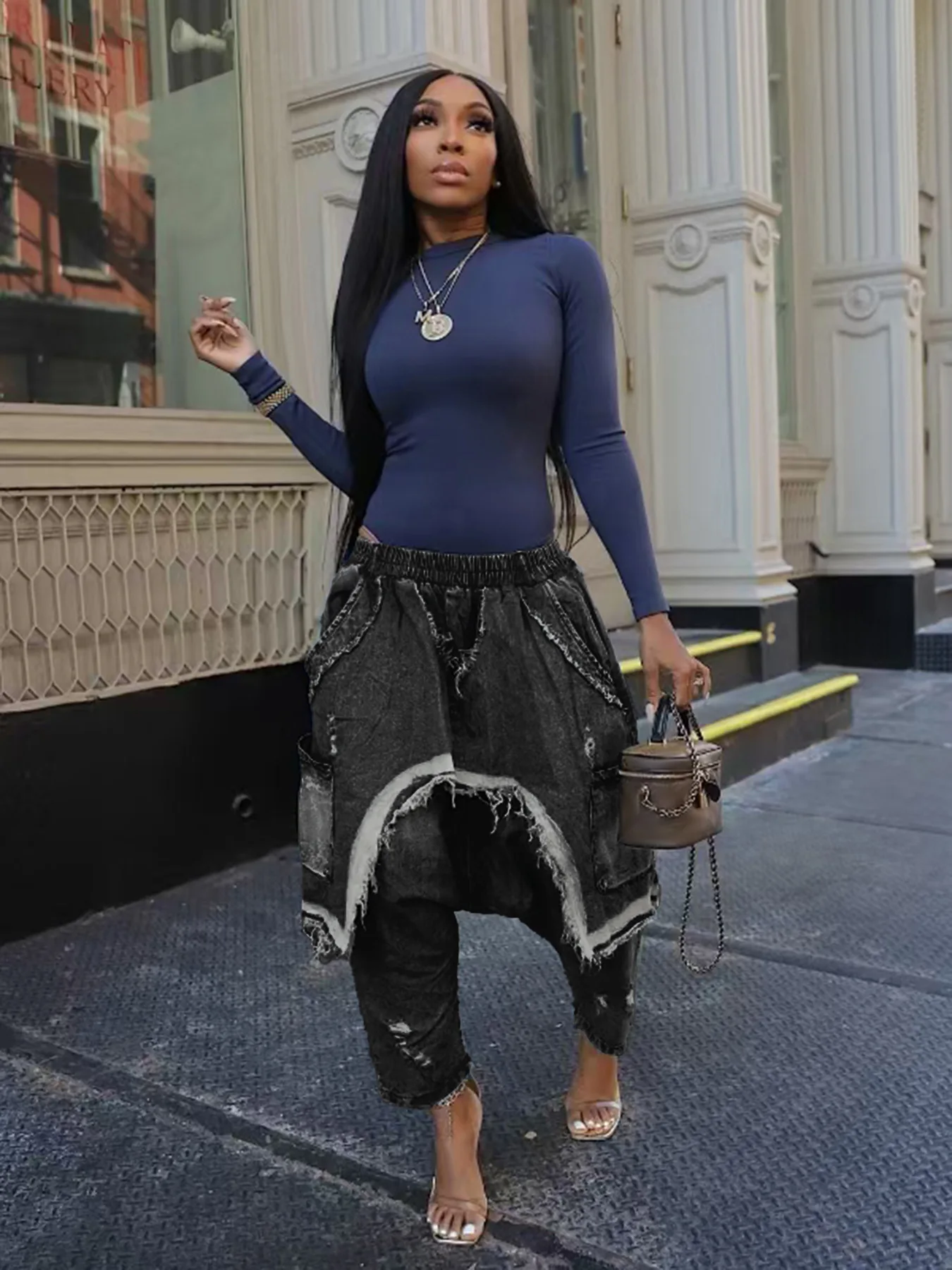 Calças de brim femininas harem calças buraco bolsos estilo punk jean 2025 rasgado tornozelo comprimento calças cintura elástica borlas lavadas angustiadas