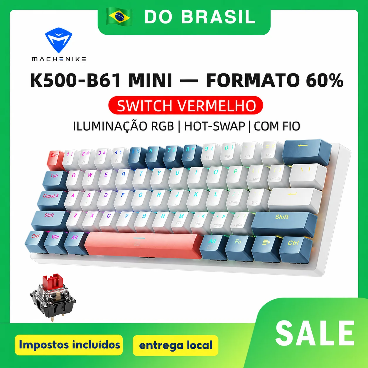 Teclado Mecânico Machenike K500-B61 60% Formato Compacto 61 Teclas para Jogos com Fio, Hot-Swappable, Retroiluminação RGB