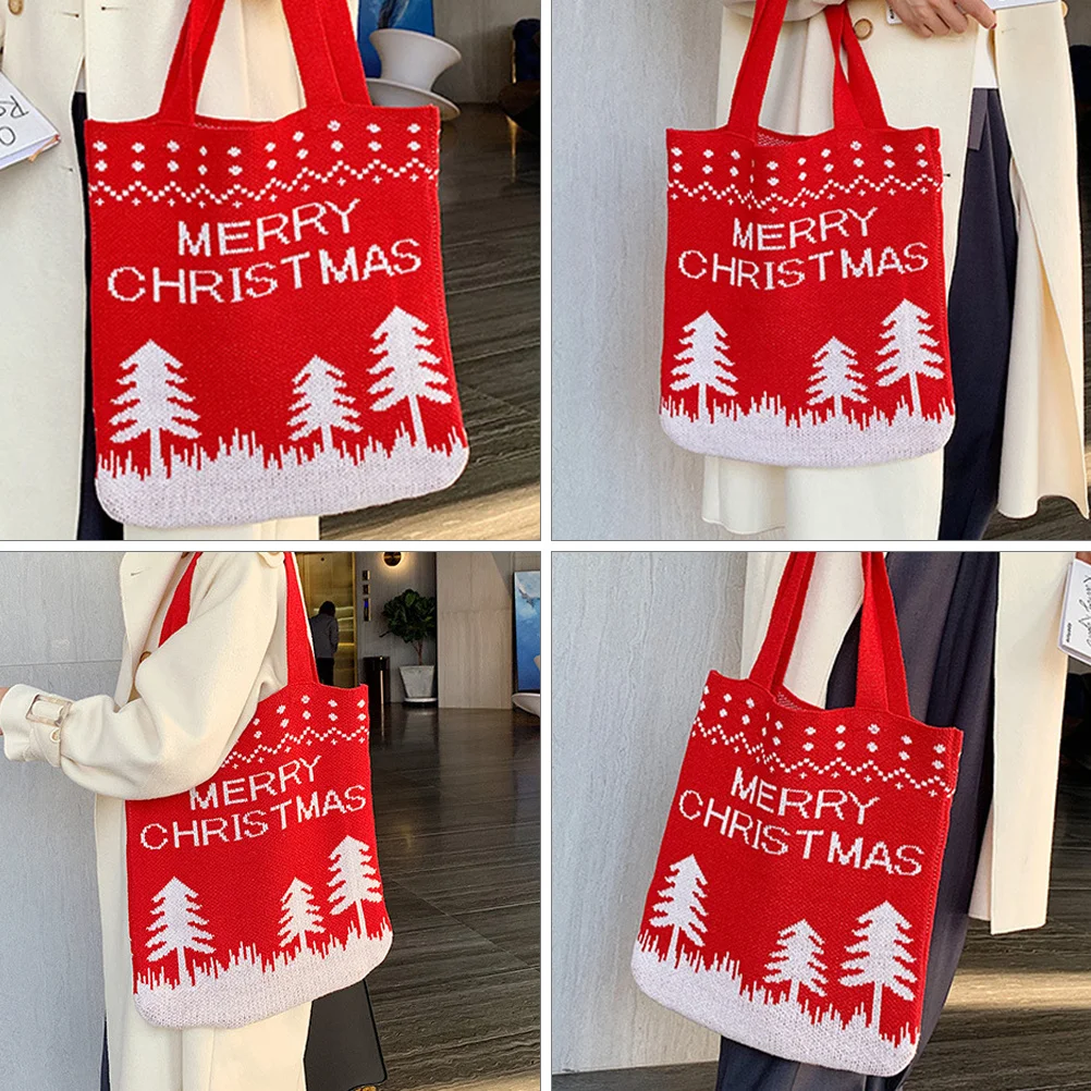 

1Pcs Christmas Tree Pattern Shoulder Bag Lovely Xmas Tote for Women Large Capacity Knitting Storage Daily Use Beach Party